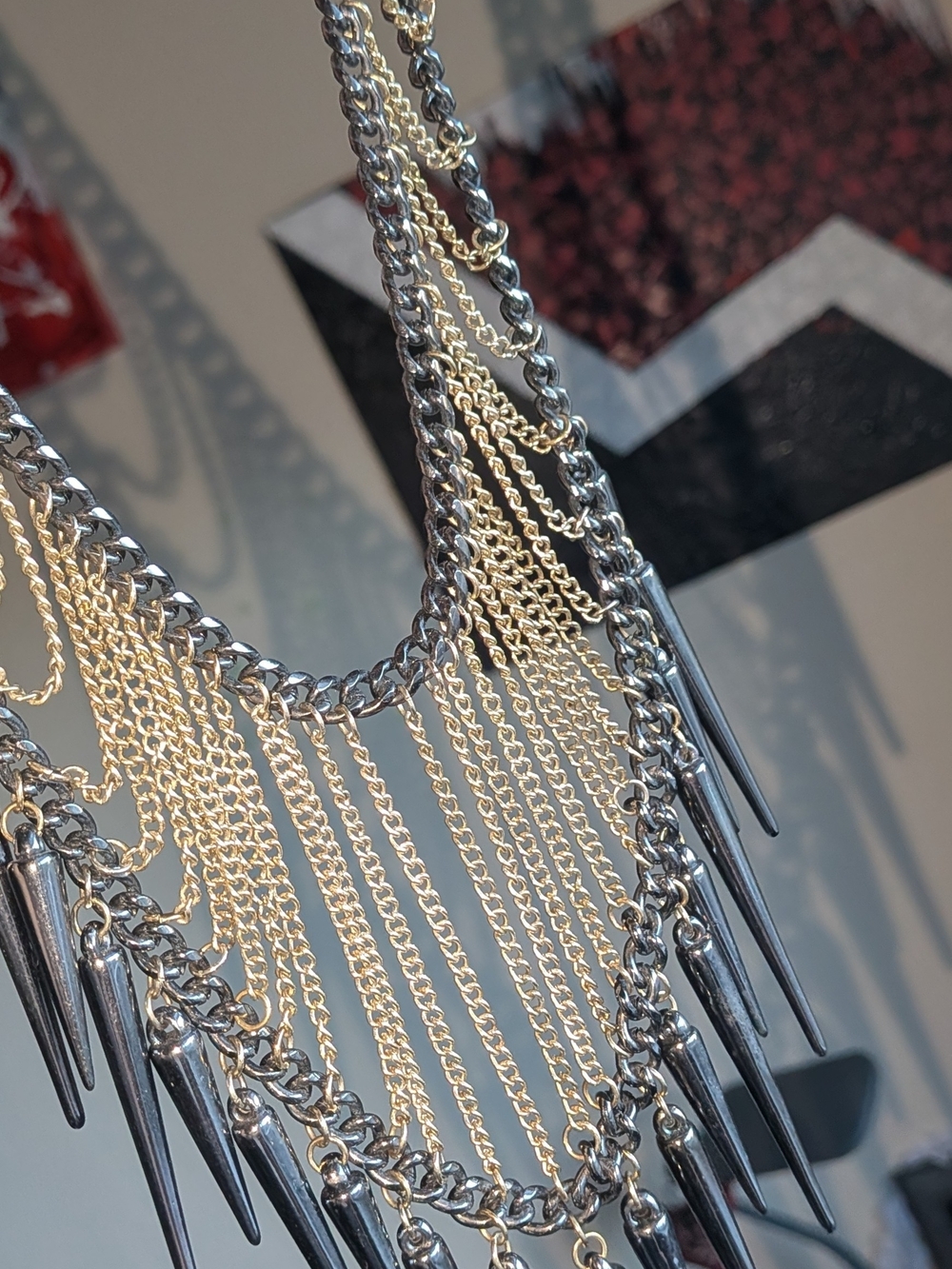 Macys Black and Gold Chain Fringe Spike Necklace, Statement Piece